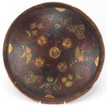 Circular Islamic leather shield, hand painted with flowers, 33cm in diameter : For Further Condition