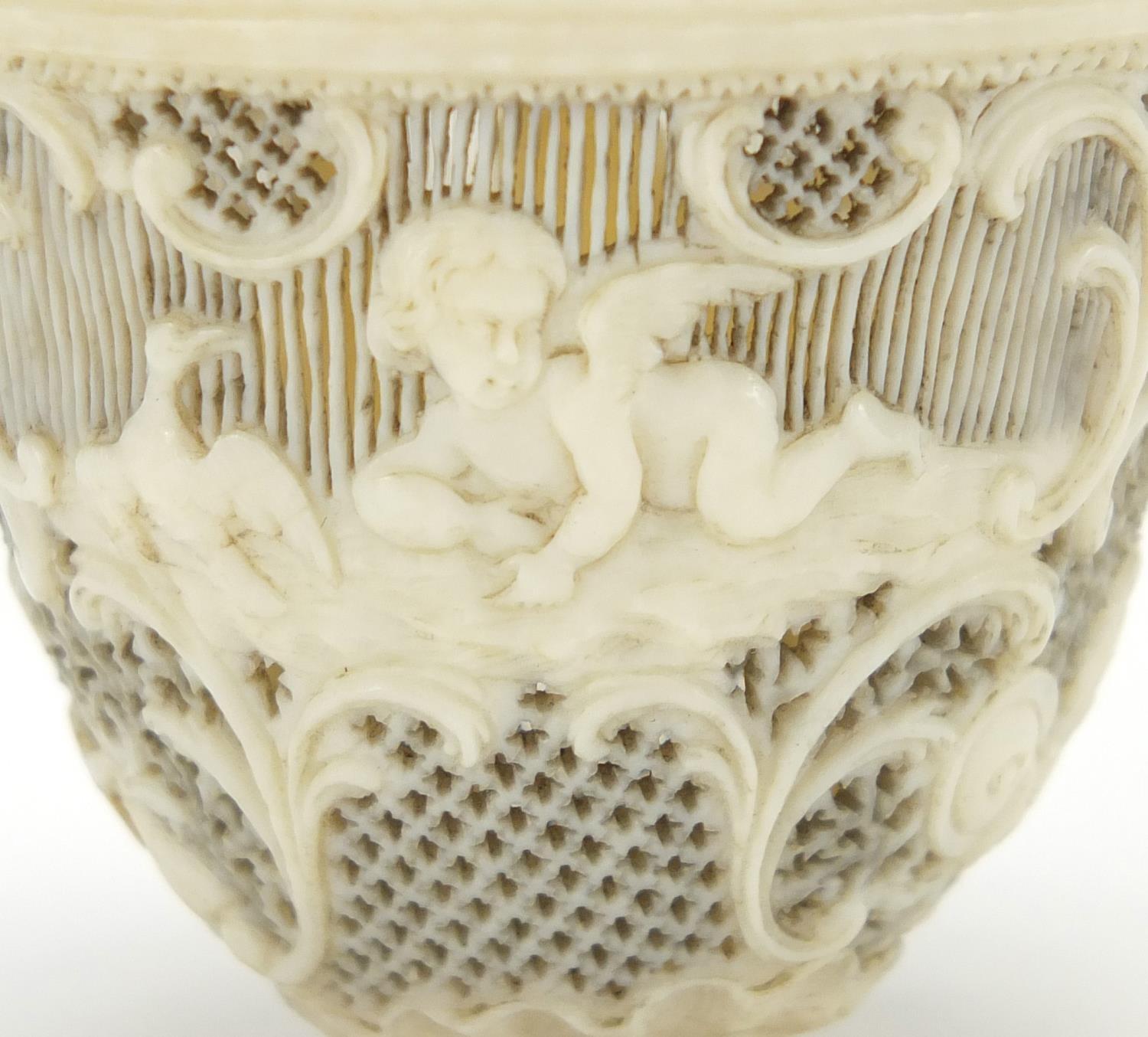 19th century European ivory trinket, finely pierced and carved with Cupids and flowers amongst C - Image 2 of 8