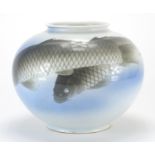 Japanese Koransha vase, hand painted with two Koi Carp, factory marks to the base, 19cm high : For