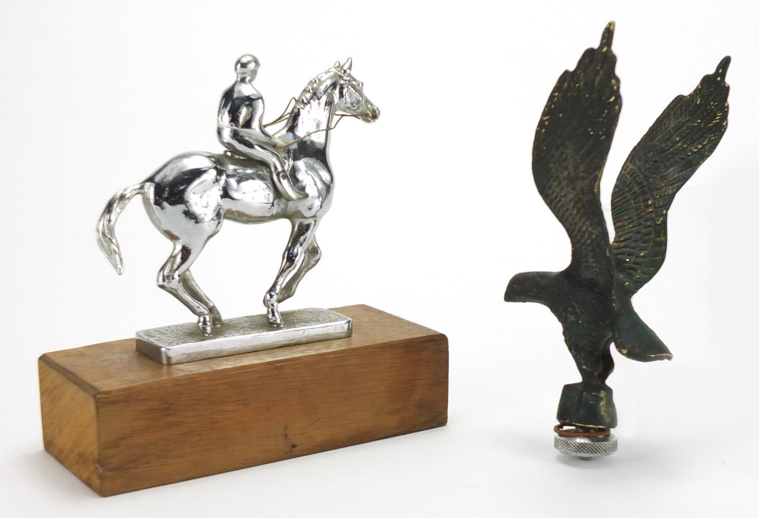 Two vintage car mascots including a chrome jockey on horseback example, the largest 17cm high : - Image 4 of 5