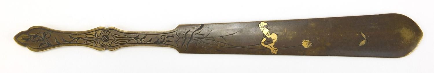 Japanese ivory wrist rest, finely carved with birds of Paradise, together with a bronze and mixed - Image 5 of 6