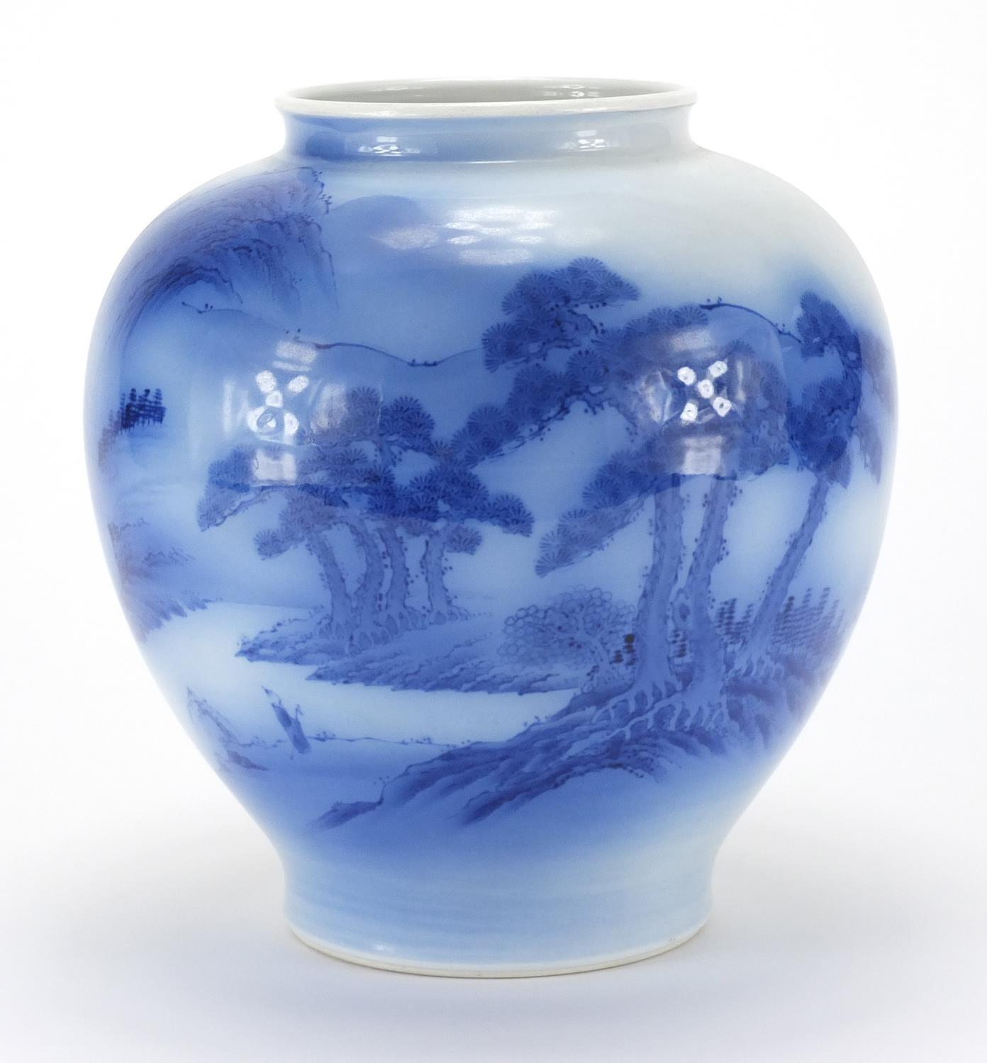 Japanese Koransha Sometsuke vase, hand painted with a figure in a landscape, factory marks to the