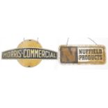 Two automobilia interest dealer hangings, Morris commercial and Nuffield Products, both made in