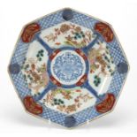 Japanese Koransha octagonal shallow dish, hand painted with panels of birds and flowers, 24.5cm in