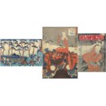 Three Japanese woodblock prints, Mount Fuji, a bearded warrior and a Samurai leaving a Tryst, each