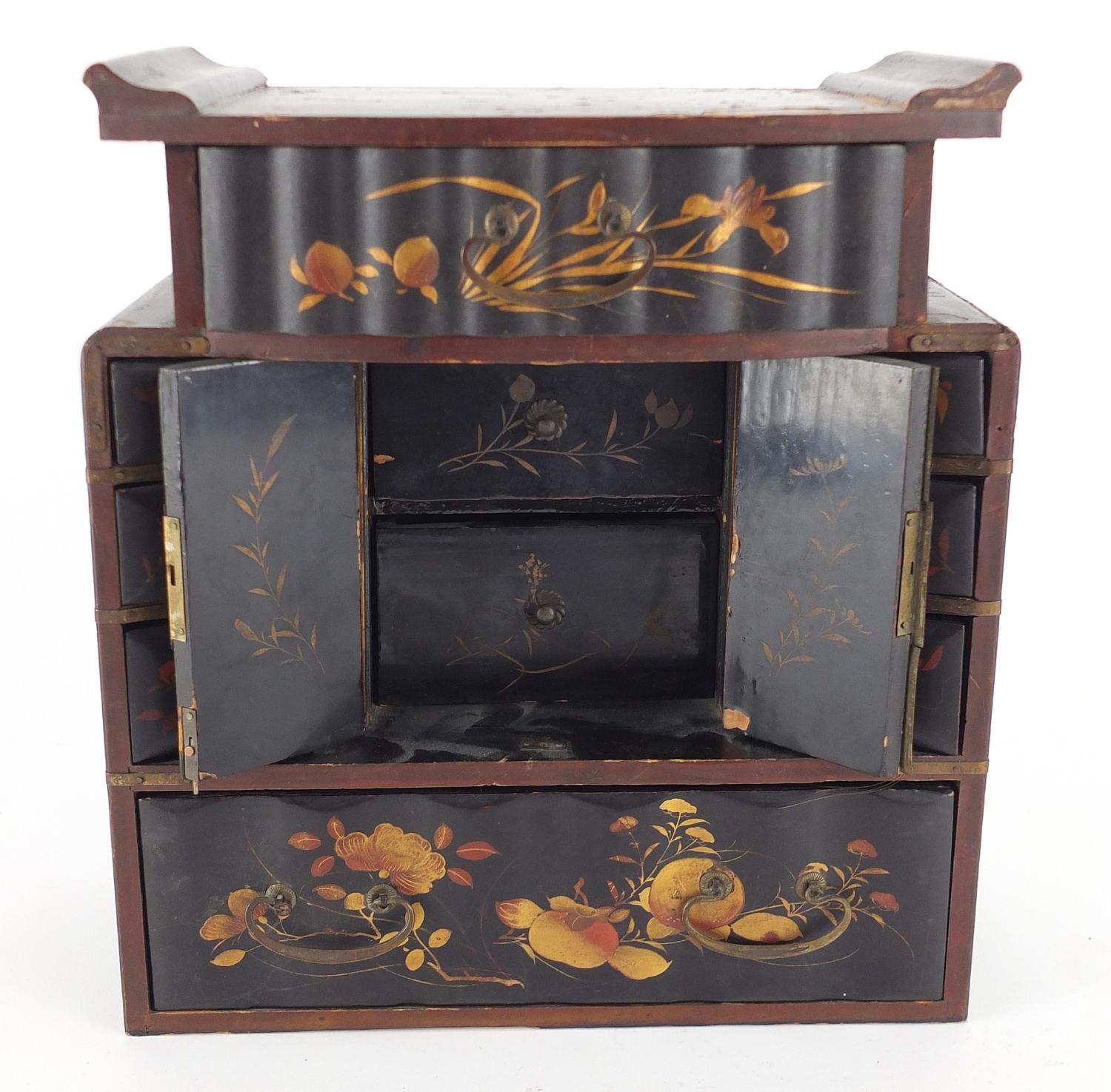 Japanese black lacquered jewellery chest, hand gilded with birds and flowers, 25cm high : For - Image 5 of 5