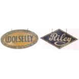 Two automobilia interest dealer hangings, Riley and Wolseley, the largest 64.5cm wide : For