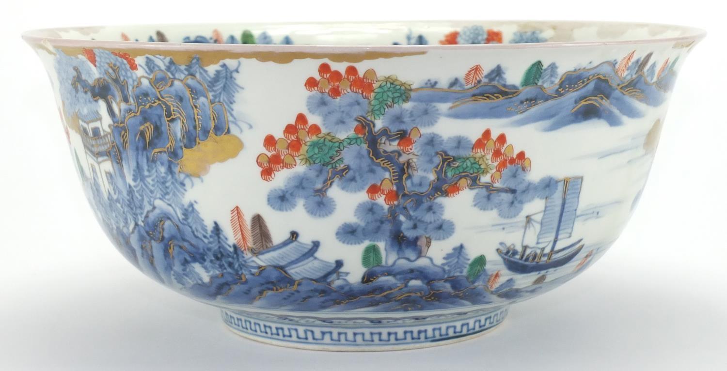 Japanese porcelain bowl, hand painted to the exterior and interior with a traditional continuous - Image 2 of 8