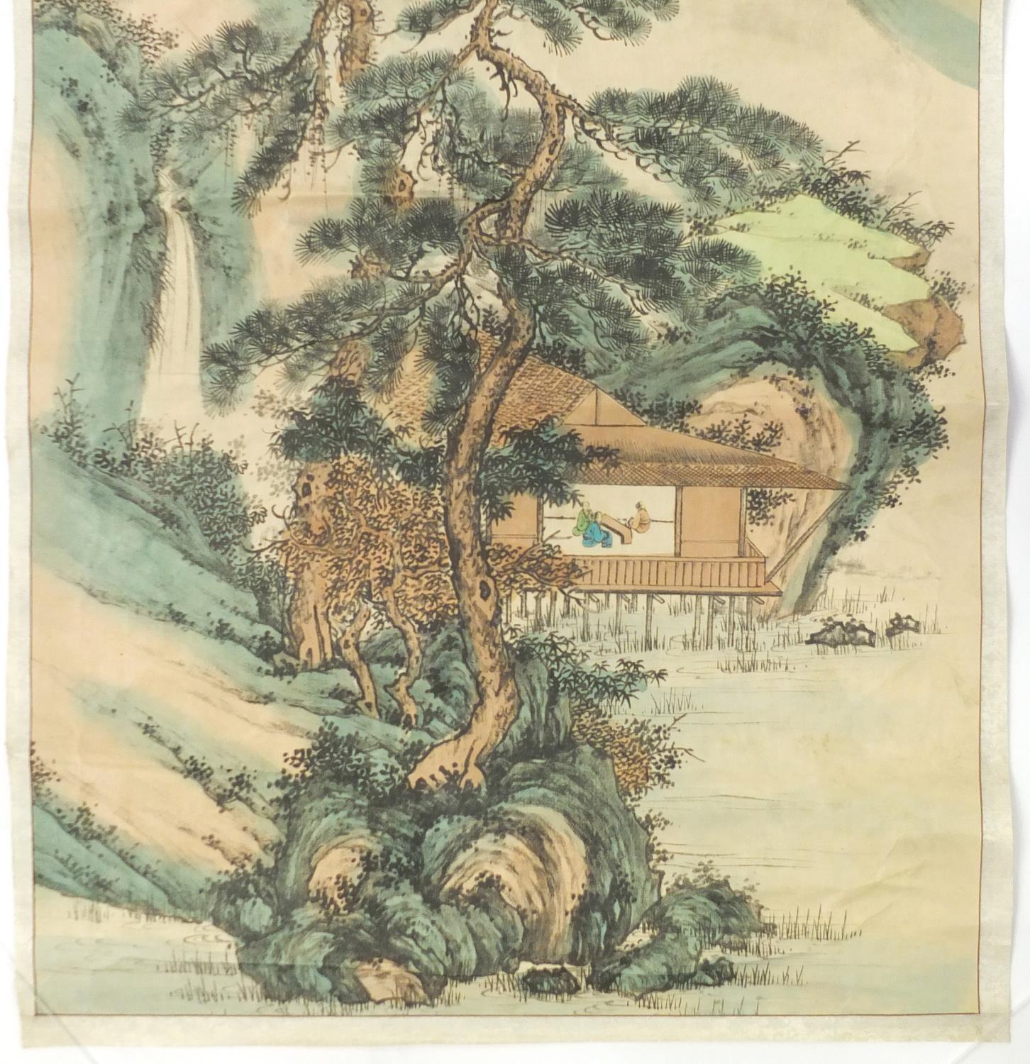 Chinese scroll hand painted with a gentlemen gathering in a pagoda amongst pines, with script and - Image 3 of 8
