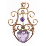 Art Nouveau 9ct gold amethyst and seed pearl pendant, 3.5cm in length, approximate weight 3.8g : For
