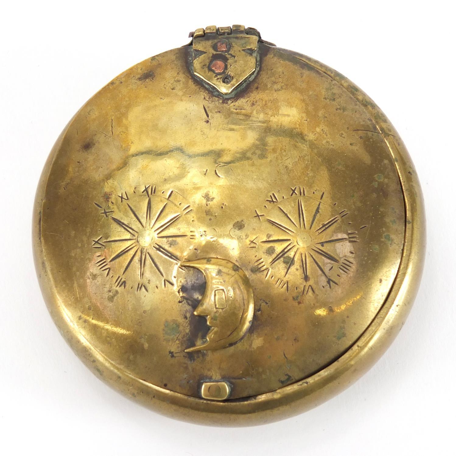 Late 18th century circular brass secret snuff box, 8.5cm in diameter :For Further Condition - Image 2 of 4