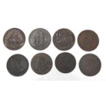 Eight late 18th century half penny Conder tokens including Lancaster, Liverpool Warley and