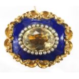 Victorian unmarked gold, citrine, seed pearl and blue enamel mourning brooch, engraved Mary Louisa
