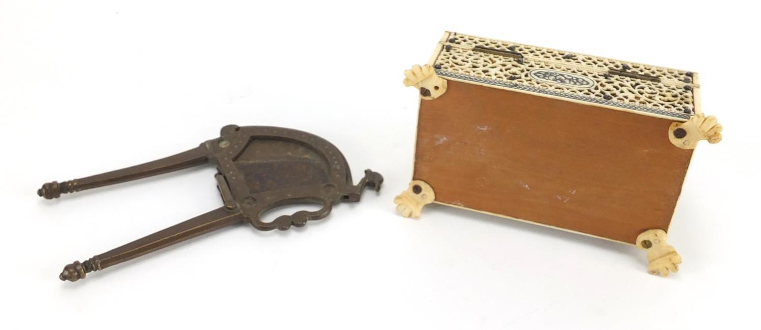 Vizagapatam ivory, blonde tortoiseshell and sandalwood casket, together with a pair of Indian - Image 6 of 6
