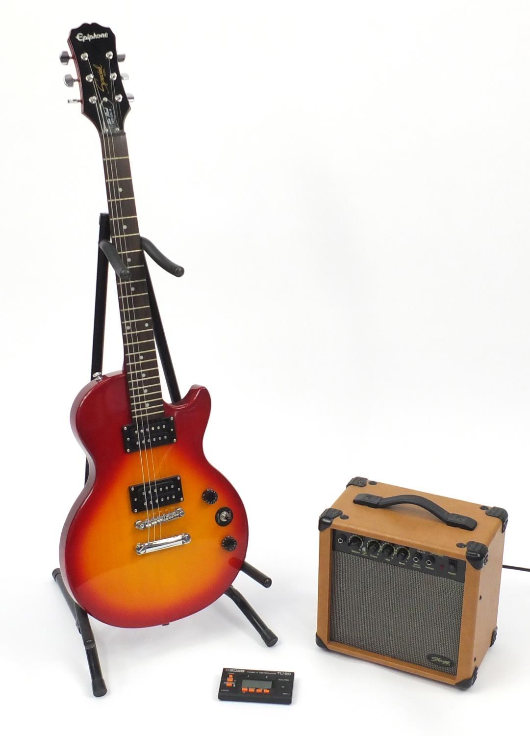 Epiphone Les Paul Special II electric guitar with six strings and Stagg amplifier : For Further