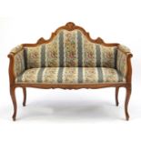 French style walnut framed two seater bench, with floral upholstery, 84cm H x 105cm W x 42cm D : For