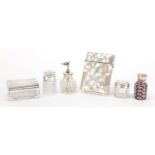 Victorian and later objects including two glass pots with silver lids retailed by Briggs,