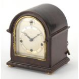 Mahogany cased Westminster chiming mantel clock, of small proportions with silvered dial and