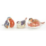 Three Royal Crown Derby bird paperweights with stoppers including a pheasant and a robin, the