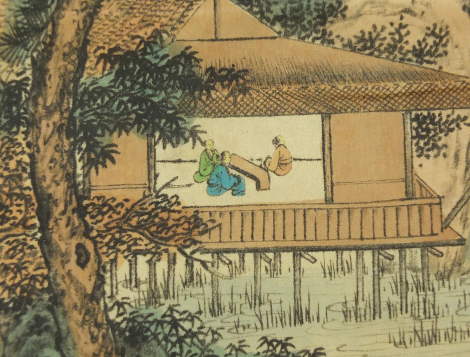 Chinese scroll hand painted with a gentlemen gathering in a pagoda amongst pines, with script and - Image 5 of 8