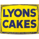 Vintage Lyon's Cakes enamel advertising sign, 99.5cm x 75cm :For Further Condition Reports Please