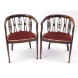 Pair of inlaid mahogany tub chairs, with pink upholstered stuff over seats, 73cm high : For