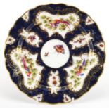 Royal Worcester porcelain shallow dish, hand painted with panels of birds and insects within gilt
