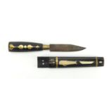 Faroe Islands ebony whaling knife with sheath, with brass, bone and Mother of Pearl inlay, 21.5cm in