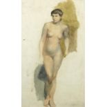 John Absolon RI - Standing nude female, pencil and watercolour, framed, 32.5cm x 20.5cm :For Further