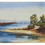 Anne Nelson - Surfriders, watercolour, label and stamp verso, mounted and framed, 6.2cm x 6.2cm :