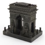 19th century Grand Tour patinated bronze model of Arc de Triomphe on rectangular black slate base,