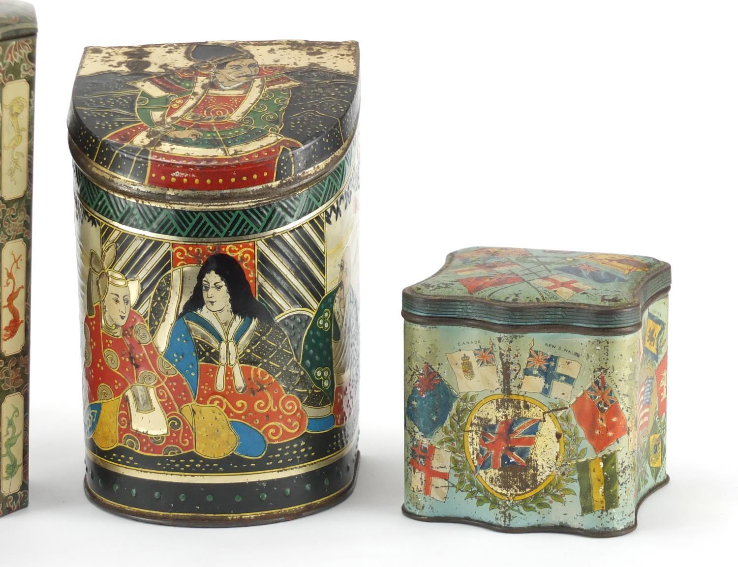 Four vintage biscuit tins, including a Huntley & Palmers example in the form of a Chinese vase - Image 3 of 7