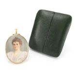 Oval Georgian hand painted portrait miniature of a female, housed in a gilt metal mouring locket