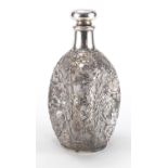 Chinese export silver overlaid glass bottle, decorated with blossoming flowers, impressed silver 950