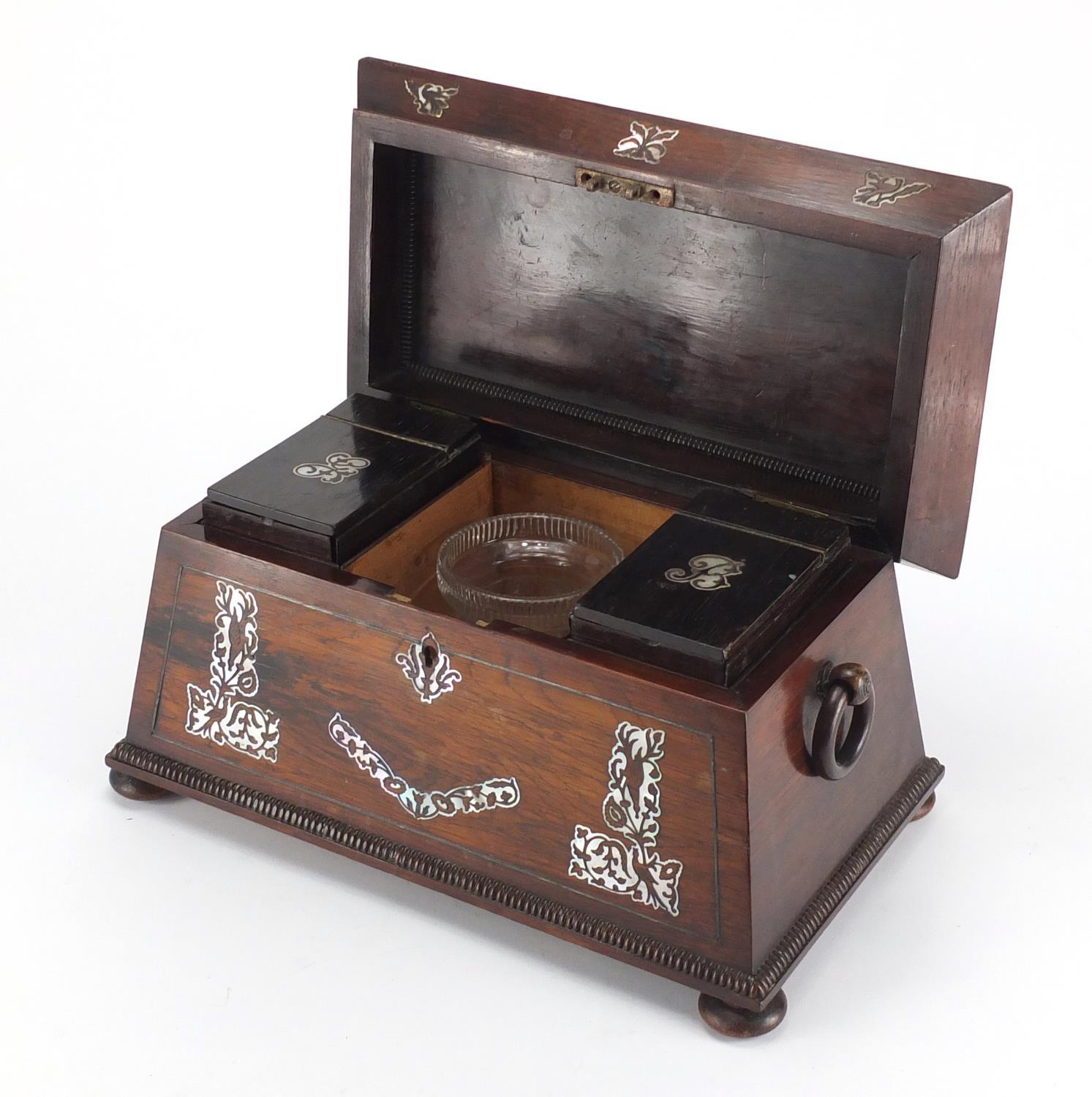 Victorian rosewood sarcophagus tea caddy, with Mother of pearl inlay, ring turned handles and fitted - Image 2 of 5