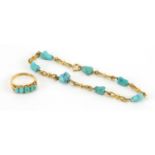 18ct gold and turquoise bracelet and ring, the bracelet 20cm in length, the ring size L, approximate