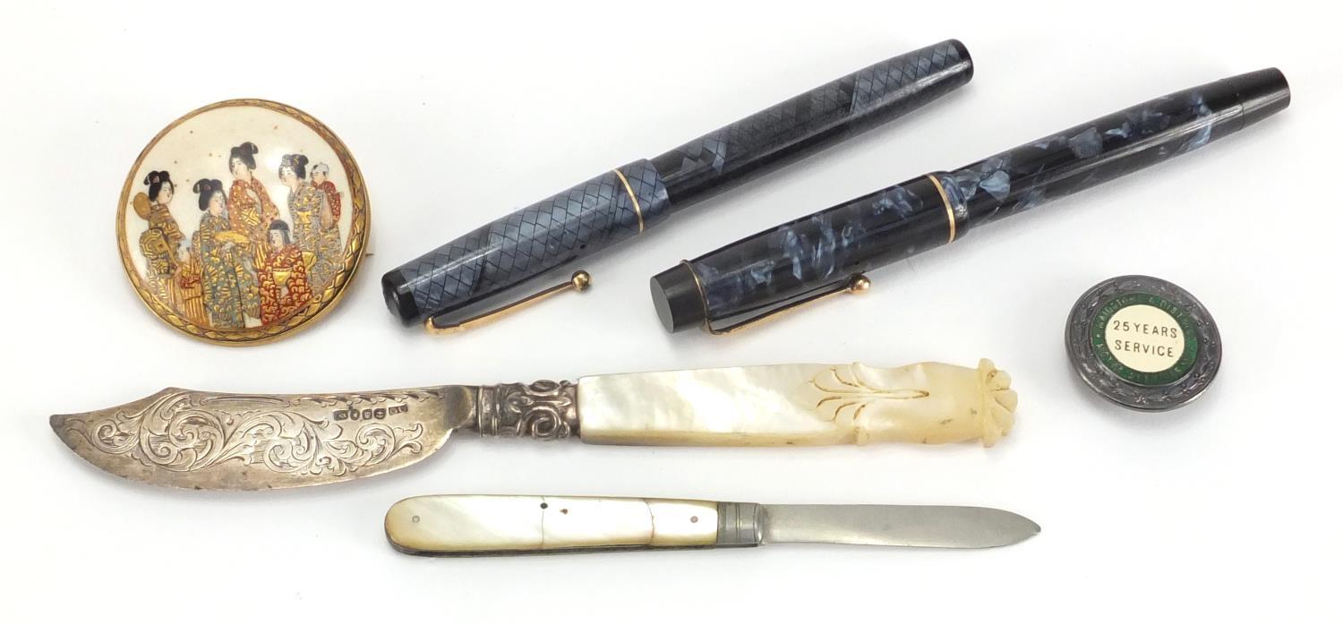 Antique and later objects including Swan self filler blue snake skin fountain pen, Parker Victory