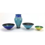 Peter Sparrey raku studio pottery comprising three bowls and a vase, impressed marks to the bases,