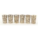 Set of six Mexican sterling silver shot glass cases, four with clear glass liners, each, 5.5cm