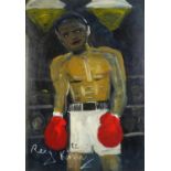 Reginald 'Reggie' Kray - Portrait of a boxer, oil on board, provenance verso, framed, 89cm x 61cm (