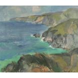 Coastal scene, oil on canvas, bearing a signature Rowland Hill, label and inscription verso, mounted