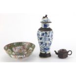 Chinese ceramics comprising a Canton bowl, blue and white baluster vase and Yixing terracotta