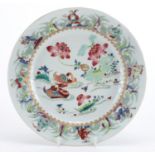 Chinese porcelain shallow dish, hand painted in the famille rose palette with ducks in water,
