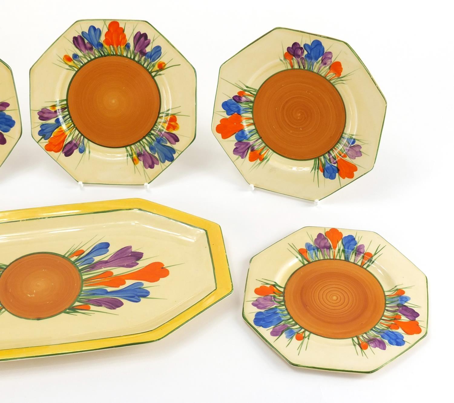 Clarice Cliff Bizarre six place sandwich set, hand painted in the Crocus pattern, factory marks - Image 3 of 5