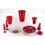 Whitefriars glassware including two goblets, lotus flower bowl and wavy ribbed trailed ruby vases,
