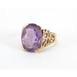 9ct gold amethyst ring with pierced shoulders, size Q, approximate weight 4.7g : For Further