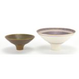 Two Bridget Drakeford Studio pottery footed bowls, incised marks around the rims, the largest 18cm