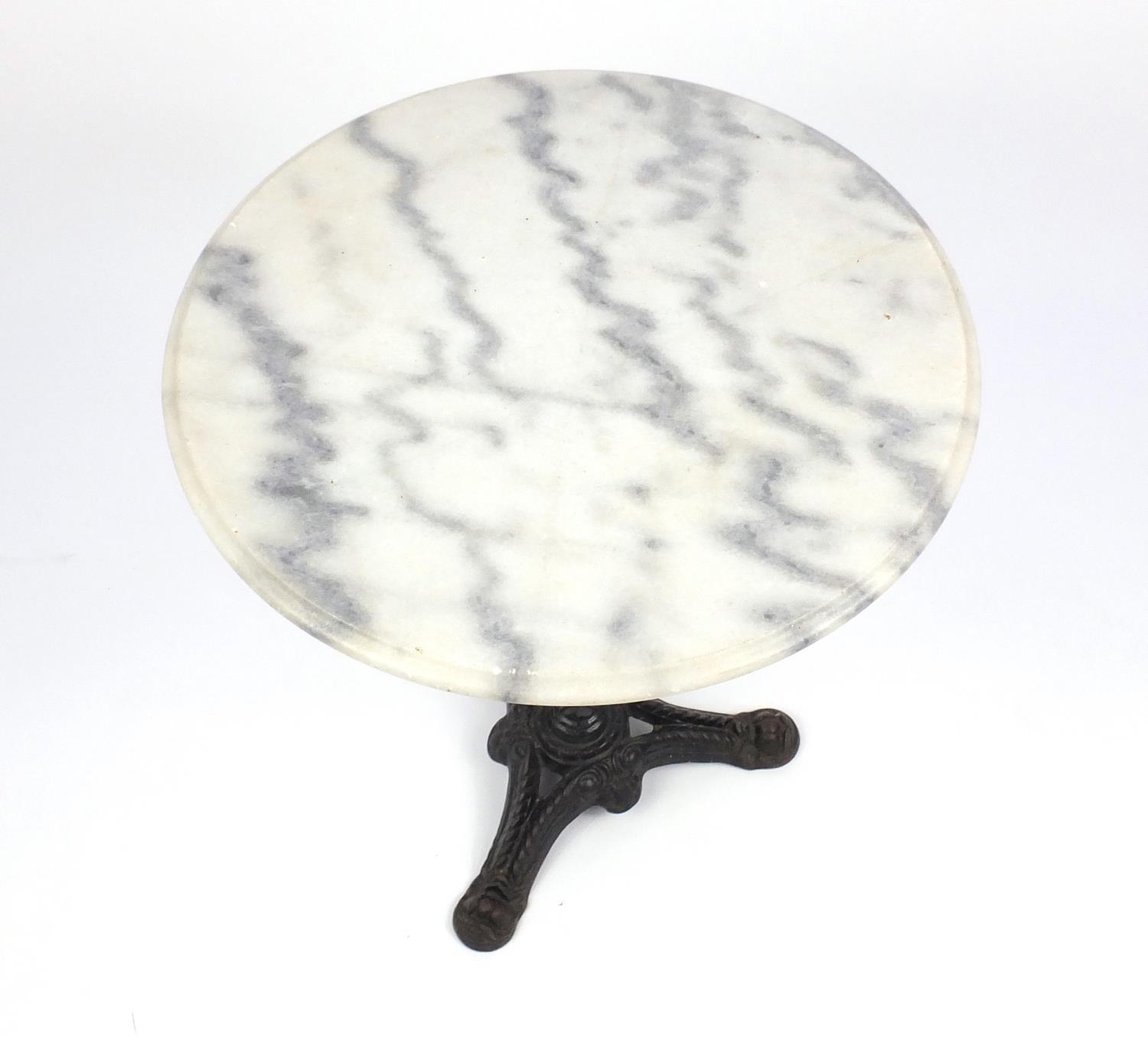 Circular white marble topped garden table with cast iron base, 72cm H x 60cm in diameter : For - Image 2 of 4