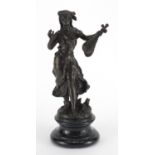 Art Nouveau style bronze figurine of a scantily dressed female holding a mandolin, raised on a