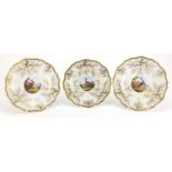 Two Worcester Flight Barr and Barr shallow dishes and a plate, each hand painted with a bird of